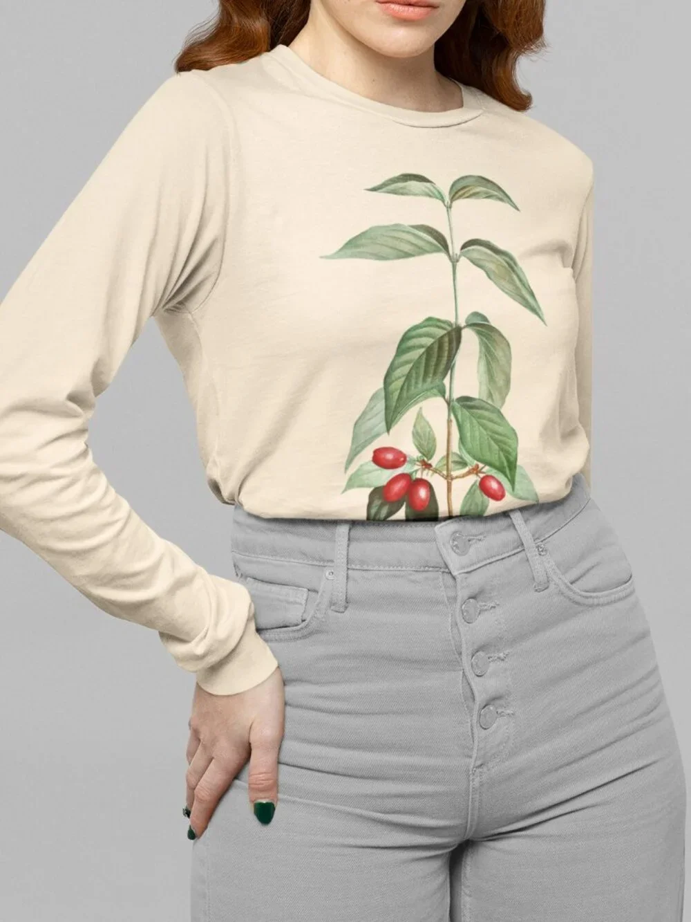 Cornelian Cherry Dogwood Botanical Print Long Sleeve Graphic Tee T-shirt S-XXL